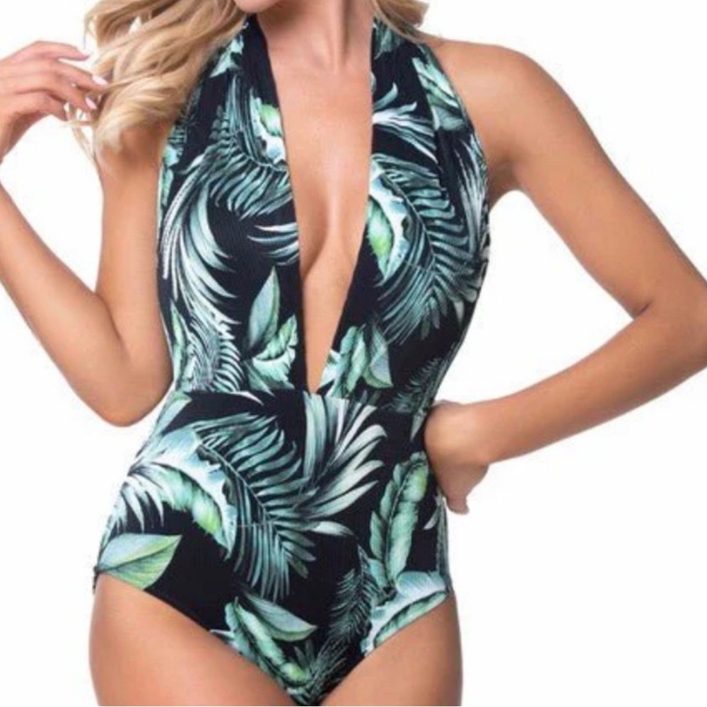 Beach Joy Classy Elegant Leaf Palm Print Plunge One-Piece Swimsuit